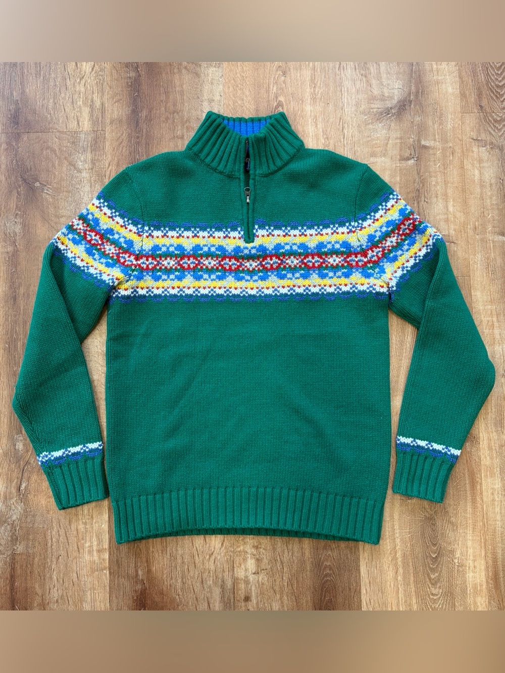 Boden Fair Isle Sweater Jumper Mens M 1/4 Zip Green Wool Blend Thick Festive